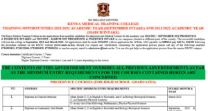 KENYA MEDICAL TRAINING COLLEGE TRAINING OPPORTUNITIES 2021/2022 ACADEMIC YEAR (SEPTEMBER INTAKE) AND 2021/2022 ACADEMIC YEAR (MARCH INTAKE)