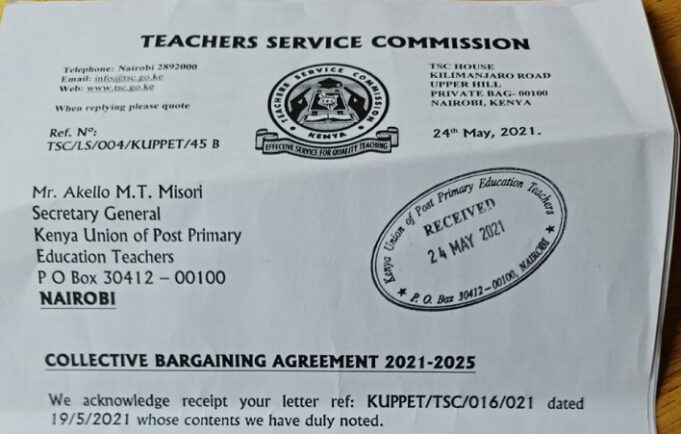 KUPPET’s Letter To TSC Over Stalled 2021-2025 CBA Negotiations Receives a Less Binding Response