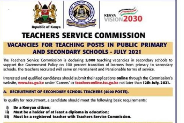 TSC Advertises July 2021 Vacancies For Primary And Post Primary Teachers