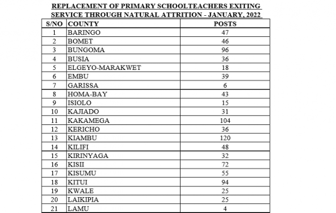 January 2020 TSC Replacement Slots For Primary School Teachers