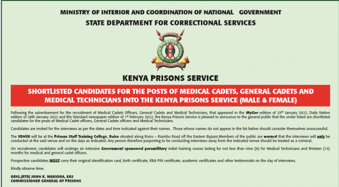 SHORTLISTED KENYA PRISON SERVICE MEDICAL CADETS, GENERAL CADETS AND MEDICAL TECHNICIANS