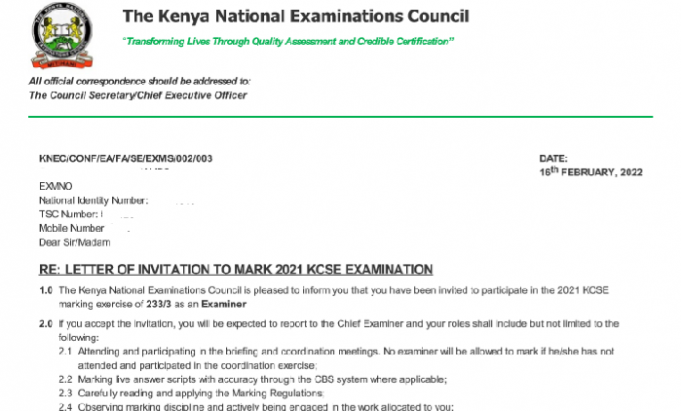 The Kenya national examinations council, KNEC has released examiners marking letters for all the kcse papers. Click on your paper of interest to view the amount paid per script, the marking venue and the reporting dates. Based on the technicalities involved in marking each paper, the papers have different rates in terms of payment. Alongside payment per script, examiners are entitled to a one-time basic fee of ksh. 1,100 a coordination fee of ksh. 150 per day.