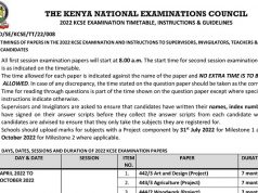 2022 KCSE Examination Timetable, instructions and Guidelines