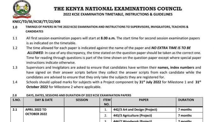 2022 KCSE Examination Timetable, instructions and Guidelines