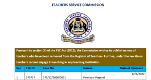 List Of Teachers De-registered By TSC Between January-June 2022