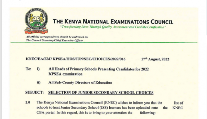 Official KNEC Circular and Guide On Selection of Junior Secondary Schools For Grade Six Learners