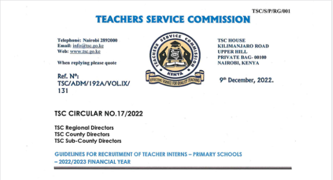 Official TSC Guidelines For Recruitment of 4000 Interns For Primary Schools
